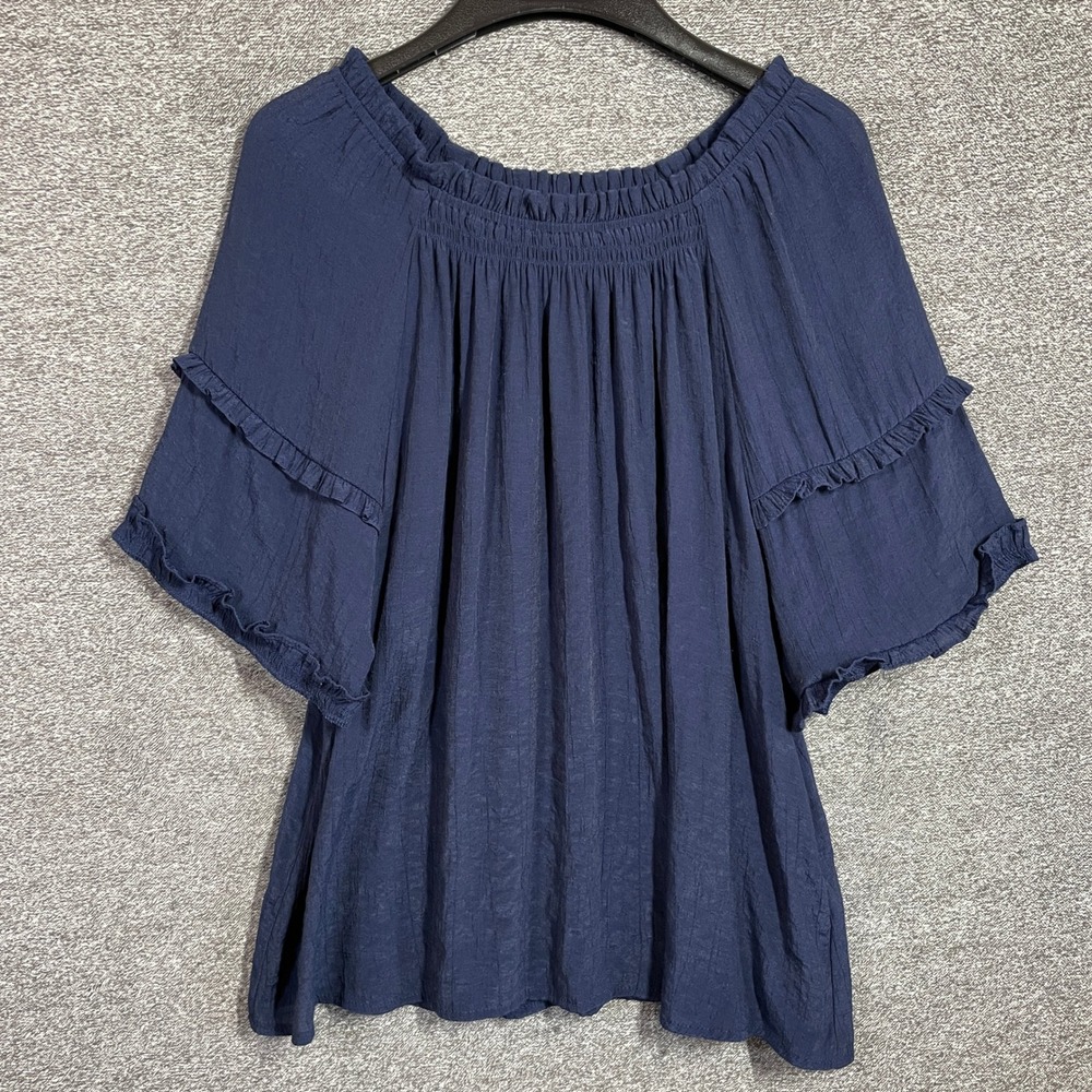 Nanette Lepore Blouse Top Large Navy Blue Smocked Ruffle Bell Sleeve